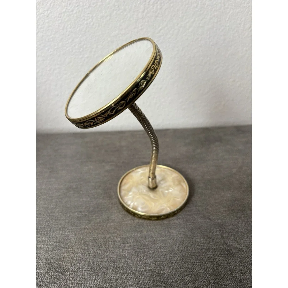 Vintage Vanity Mirror Gooseneck Double Sided Round Magnifying Ivory Gold Plastic